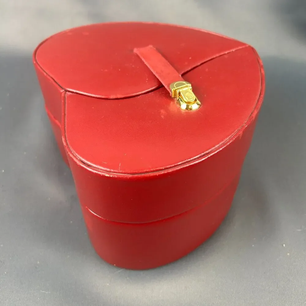 Vintage Wolf Designs Red Leather Heart Shape Jewelry Box Swing Out Design